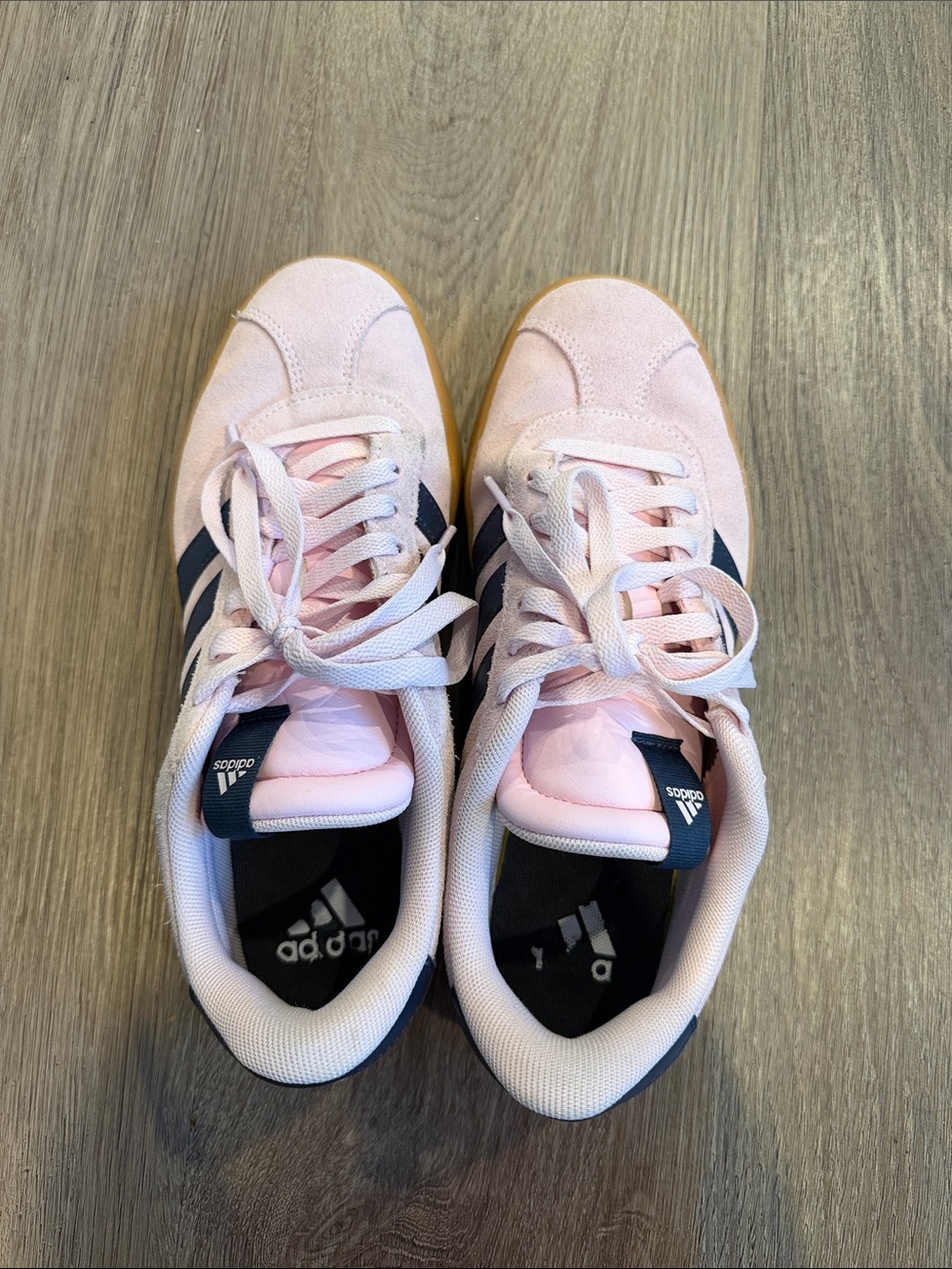 adidas Women’s Light Pink Suede Sneakers with Navy Stripes